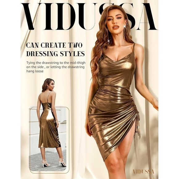 Women's Sexy Sparkly Gitter Bodycon Dress Cowl Neck Spaghetti  Strap Ruched - Picture 2 of 5